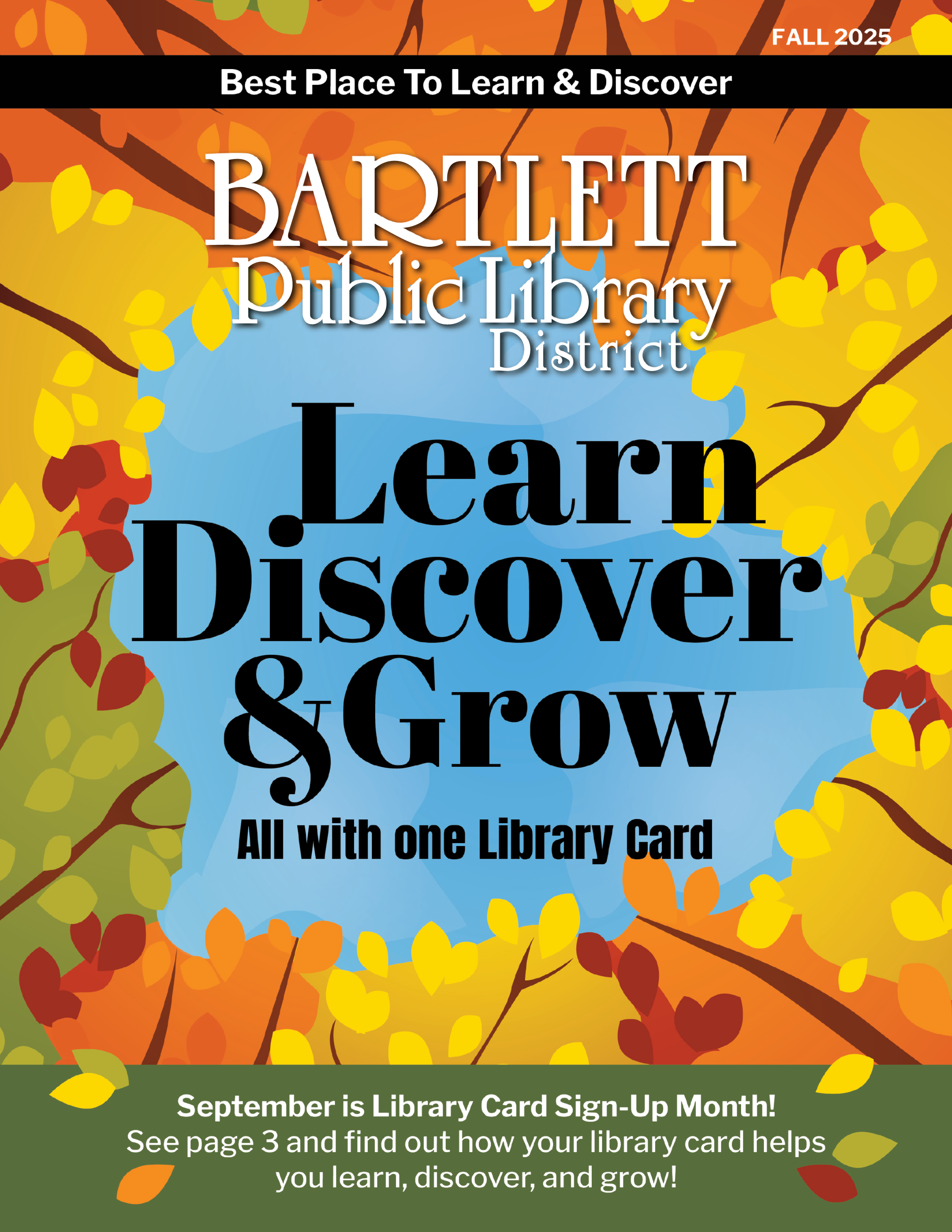 The words 'Learn and Grow' are surrounded by a ring of leaves.