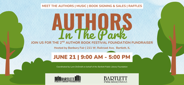 Text framed by two trees in a park. Text reads: 'Authors in the park. Join us for the 2nd author book festival foundation fundraise June 21, 9:00 am - 5:00 pm'