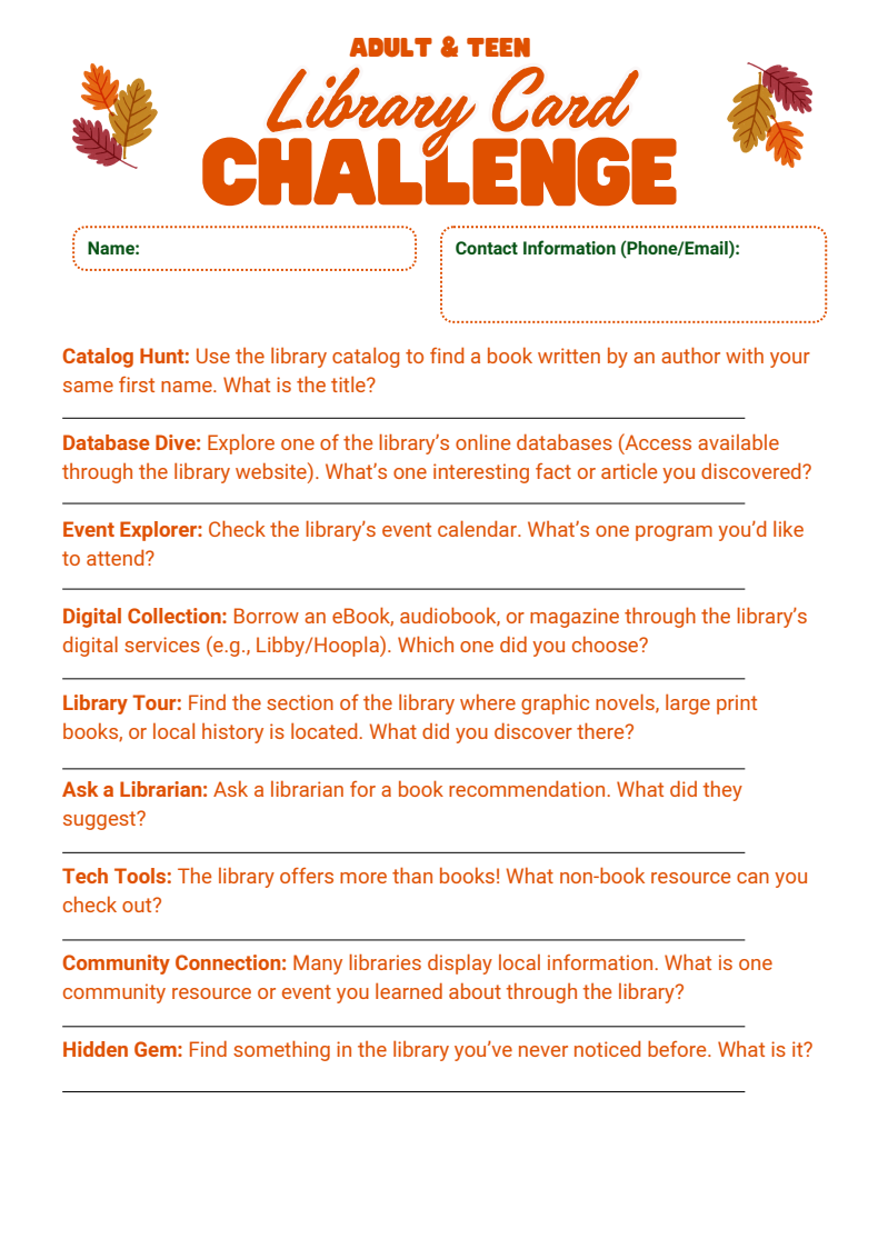 Click to download the adult/teen library card challenge sheet.