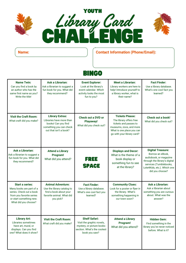 Click to download the adult/teen library card challenge sheet.