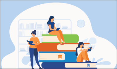 Stack of books with people seated on them