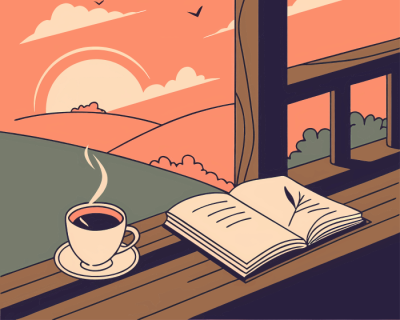 An open book next to a cup of coffee