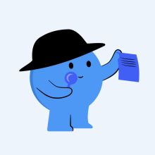 A blue cartoon figure with a magnifying glass