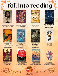 list of book covers on orange background with fall leaves as a border