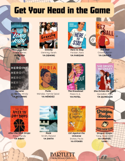 list of book covers on tan background with various sports equipment as a border