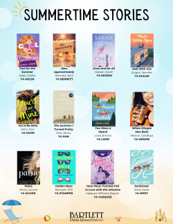 list of book covers with a blue sky background and beach scene at the bottom of the page