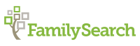 FamilySearch green text logo with a grey and green tree
