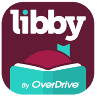 Libby database logo with a maroon background, white text, and a teal book cover