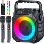 Karaoke Machine lit up with many colors and comes with two microphones