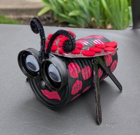 Recycled red and black ladybug craft made from an aluminum can, bottle caps, cardboard, chenille stems, and googly eyes.