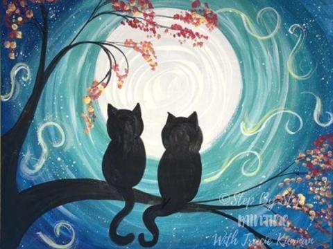 Silhouette of two cats sitting on a tree branch during a full moon.