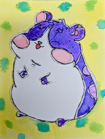 Watercolor painting of a purple hamster with a yellow with blue and green polka dot background. The hamster drawing is outlined in hot glue to make a clear border.