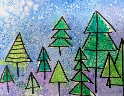 Watercolor painting of green evergreen trees and a blue and purple background with mottling caused by the addition of salt when the paint was wet.