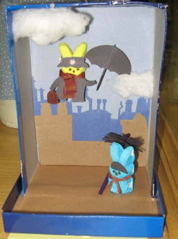 Diorama of umbrella scene from Mary Poppins using Peeps bunnies as the characters, titled "Mary Peepins".