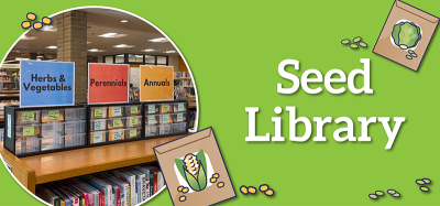 Seed Library banner with a lime green background and a circle image of seeds in the library