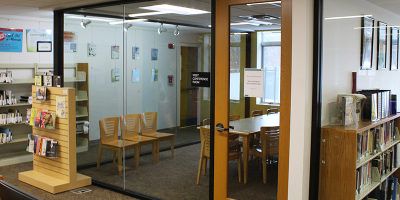 Room in the library with glass windows