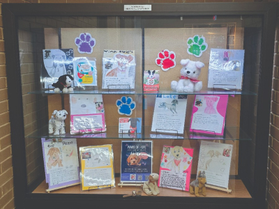 Several books arranged in the library's lobby display case