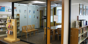 Room in the library with glass windows